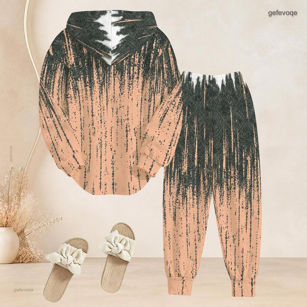 Women Plus Size Beige Grey Printed Two Piece Set Hooded Long Sleeve Top And Cuffed Pants