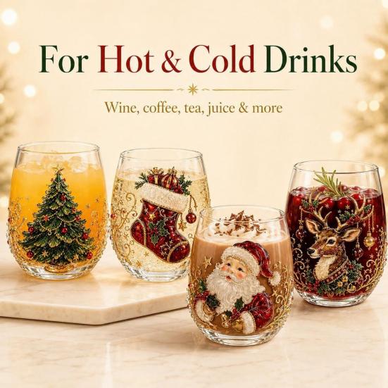 Retro-Stil Feiertagsgeschirr Weihnachts-Glaskunstbecher mit Löffel, Klassischer handbemalter Borosilikat-Design-Becher mit Weihnachtsmann, Rentier, Schneemann, Glasware