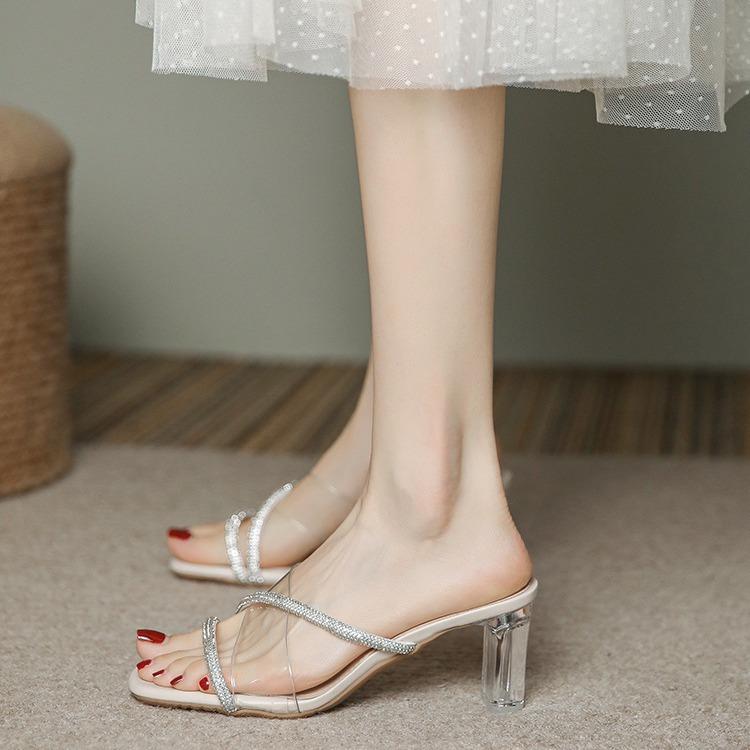 Wear Sandals Women 2024 New Temperament French High Heels Rhinestone Winding One-word Transparent Crystal Heel Sandals