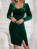 European & American Velvet Dress: 2024 Autumn/Winter Square Neck, Leg-of-Mutton Sleeves, Elegant Slit Slim Fit.