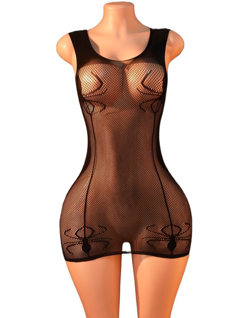 Fhseer Women'S Spaghetti Strap Sexy Lingerie U Neck Sheer Mesh Dress Spider Pattern Decoration Dress Private Party Underwear