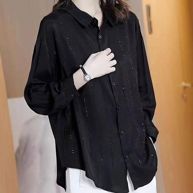 Female Clothing Korean Loose Shirt Polo-Neck Casual Fashion Single-breasted Diamonds Spring Autumn Commute Long Sleeve Blouse