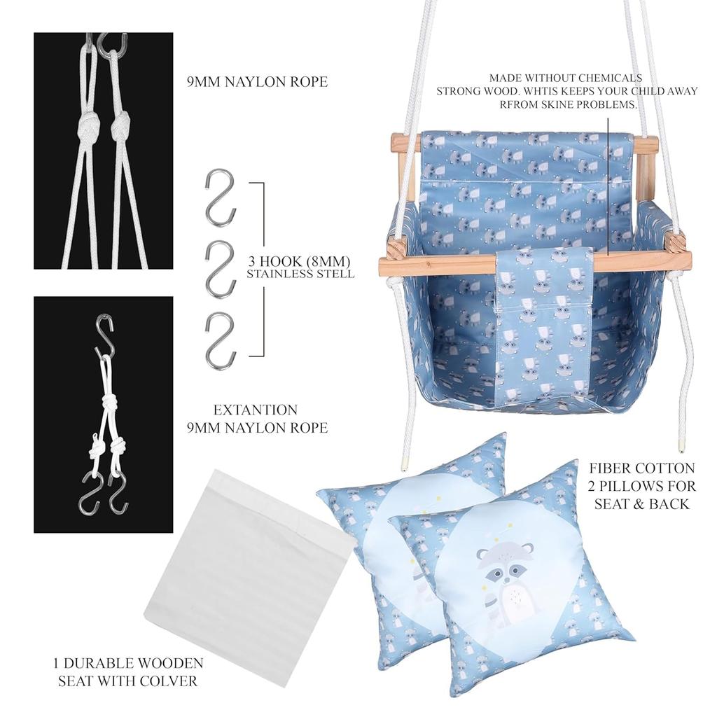 Swing for Kids, Baby Swing Hanging Indoor Outdoor, Kids Wooden Swing, Baby Garden Swing, Jhula for Kids with 2 Pillow (Blue Fox)