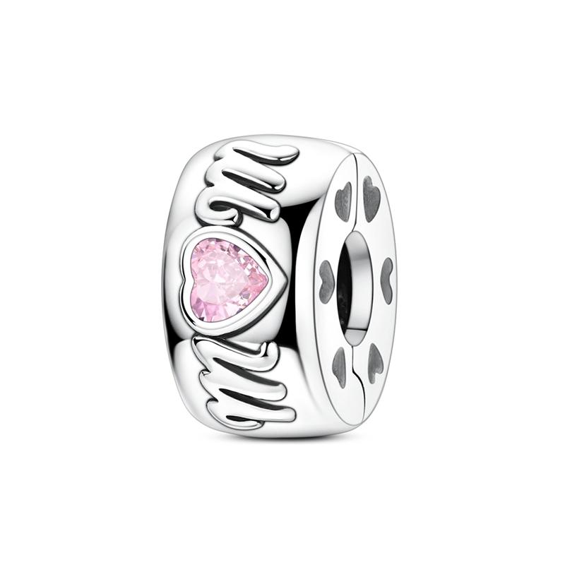 925 Silver Charms Bead CZ Zircon Love Mom Pink Heart Dangle Fit DIY Bracelet Women Mother's Day Jewelry Gift