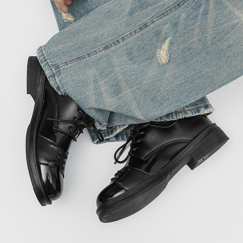 Fashionable outdoor solid-color men lace-up casual formal shoe high quality  thick-soled square toe durable office walking shoes