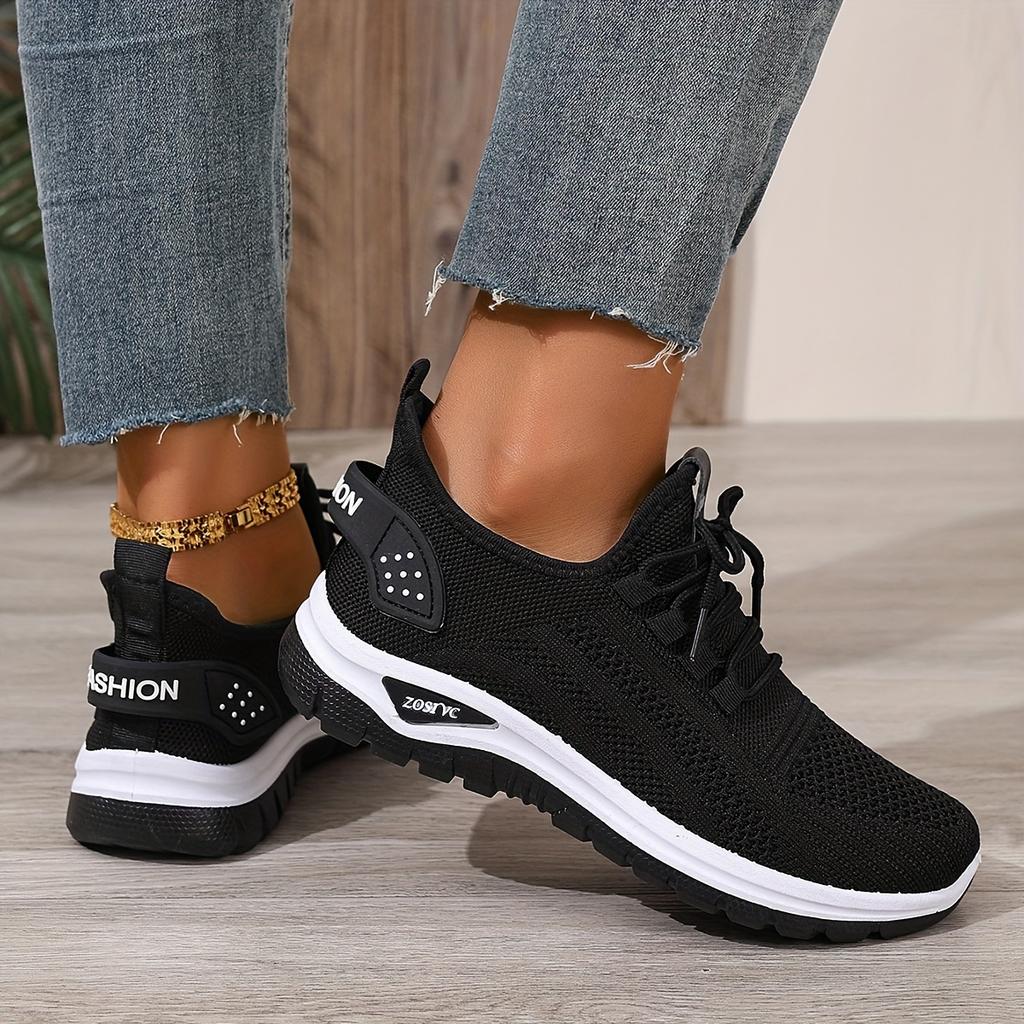 Women's Breathable Knit Casual Sneakers - Lightweight Cushioned EVA Sole, Anti-Slip Traction, All-Season Comfort, White Low-Top Lace-Up Shoes