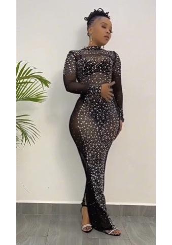 European and American New Semi-turtleneck Long-sleeved Perspective Hot Diamond Sexy Slim-fitting Hip-wrapped Dress Women's Clothing