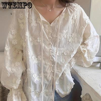 Bluse mit Blumenstickerei, elegante Bluse mit langen Ärmeln und Kordelzug, Damenbekleidung
