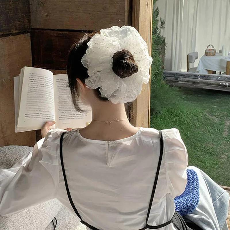 Large Women Lace Scrunchies Elastic Hair Band Ponytail Holder Tie Hair Hoop Scrunchy Rubber Band Women Hair Accessories Headwear