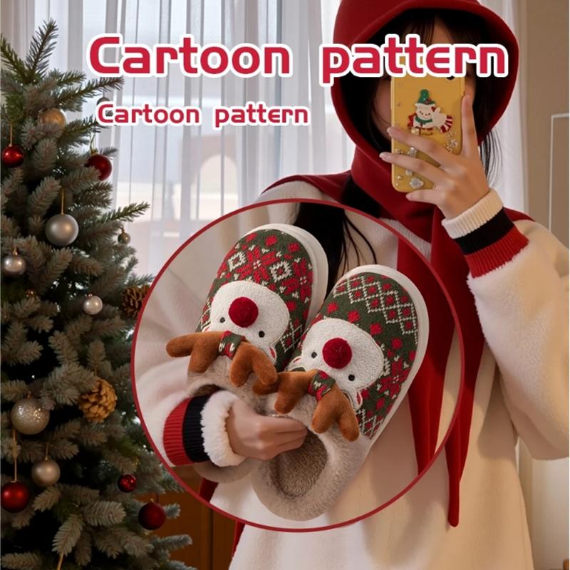 New Winter Lovely Women's Slippers Home Cute Cartoon Cotton Slippers Christmas Deer Non-Slip House Shoes