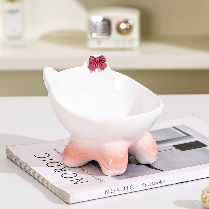 Bevel Ceramic Cat Food Bowl Cute Pets Drinkers for Cats Protect Neck High Feet Dog Bowl Anti-Flip Slow Feeding Bowl Pet Supplies