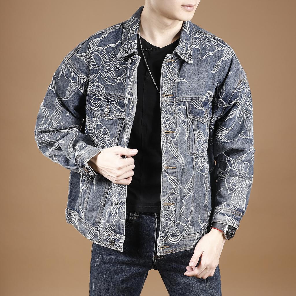 Niche High-End Full Of Floral Embroidery Trendy Denim Jacket Men'S Loose High Street Tooling Jacket Men
