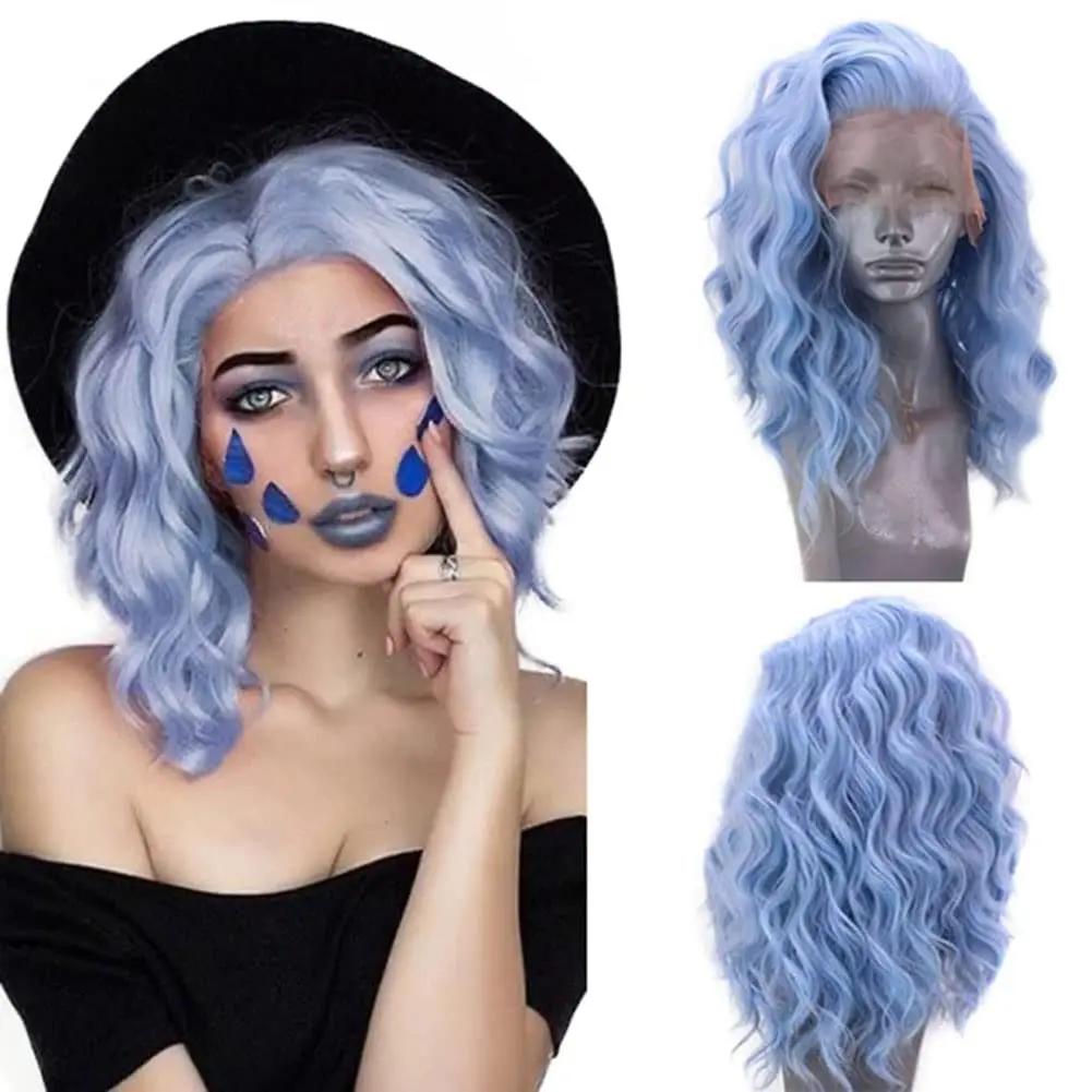 Peruci AIMEYA Sintetice cu Dantelă pe Margine Perucă Argintie Scurtă Ondulată pentru Femei Culoare Maro Roz Albastru Perucă Sintetică cu Dantelă Perucă Scurtă cu Dantelă Cosplay