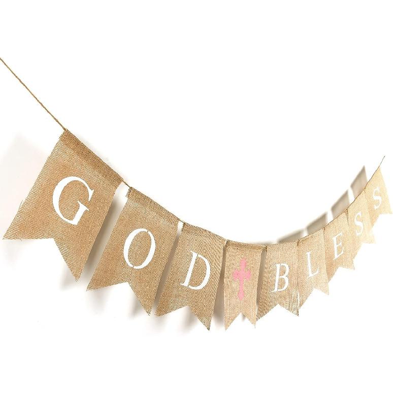 CHRORINE Baptism Decorations First Communion Confirmation Decorations Bautizo Decorations God Bless Banner (Pink)