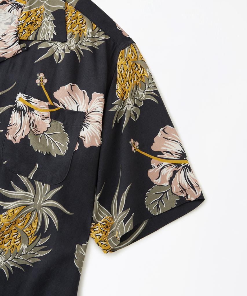 OUTSTANDING Hawaiian Open Collar Half Shirt Hibiscus_Black