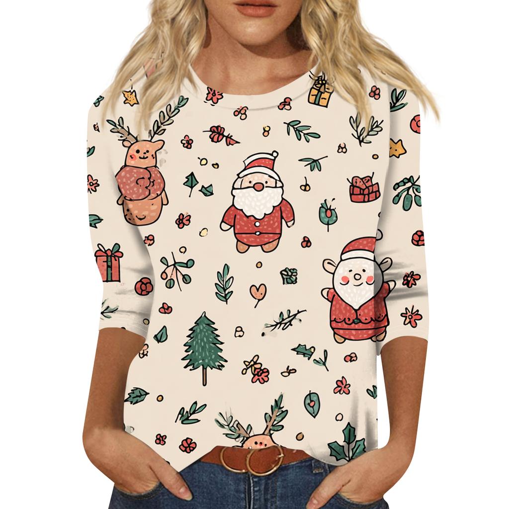 Women's Fashion Casual Round Neck Three-quarter Sleeve Christmas Print T-shirt Top
