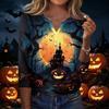 Women's Casual Halloween Print V-Neck Button Three-Quarter Sleeve T-Shirt