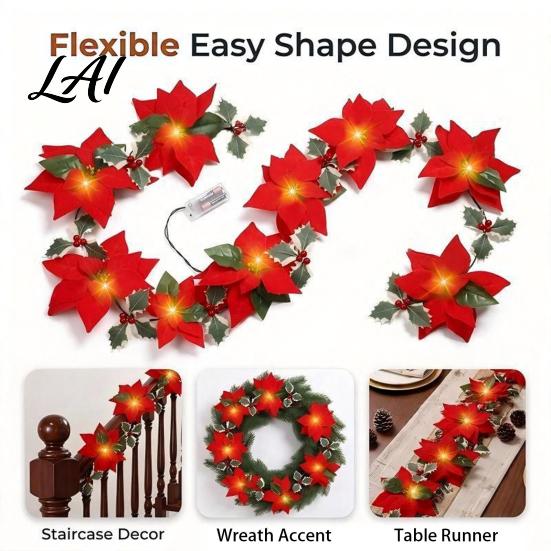Farmhouse Style Festive Door Decor Christmas Poinsettia Garland with Light 78/118 Inch Lighted Artificial Flower Velvet Wreath String Light