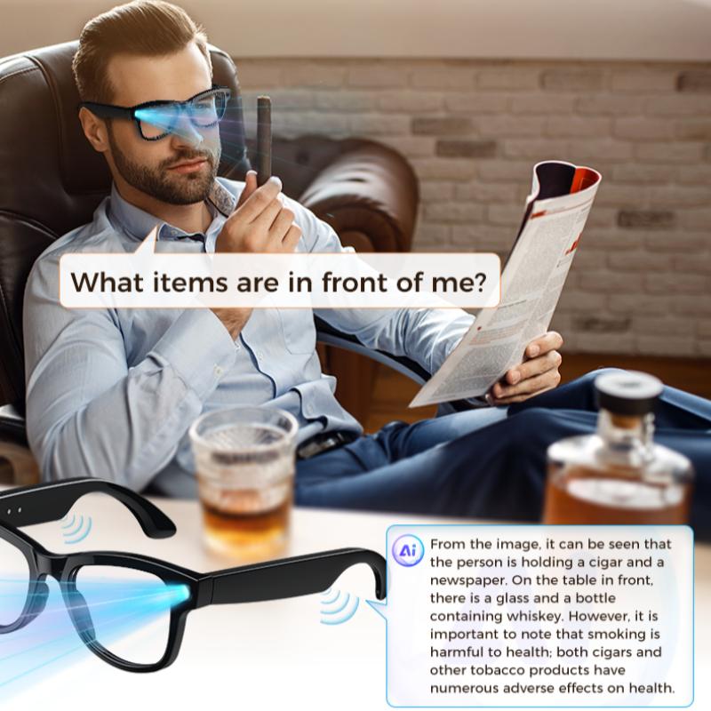 Occhiali Smart M02 Ultra: Fotocamera da 8 MP, Custodia con Ricarica Inversa, Riconoscimento Oggetti WiFi, Traduzione in Tempo Reale ChatGPT, Assistente Vocale AI