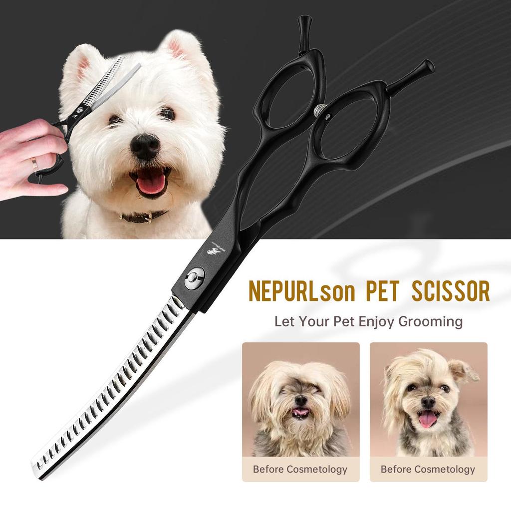 Meideng 6.5" Half-Black Curved Fishbone Pet Grooming Shears with Thinning Blade.