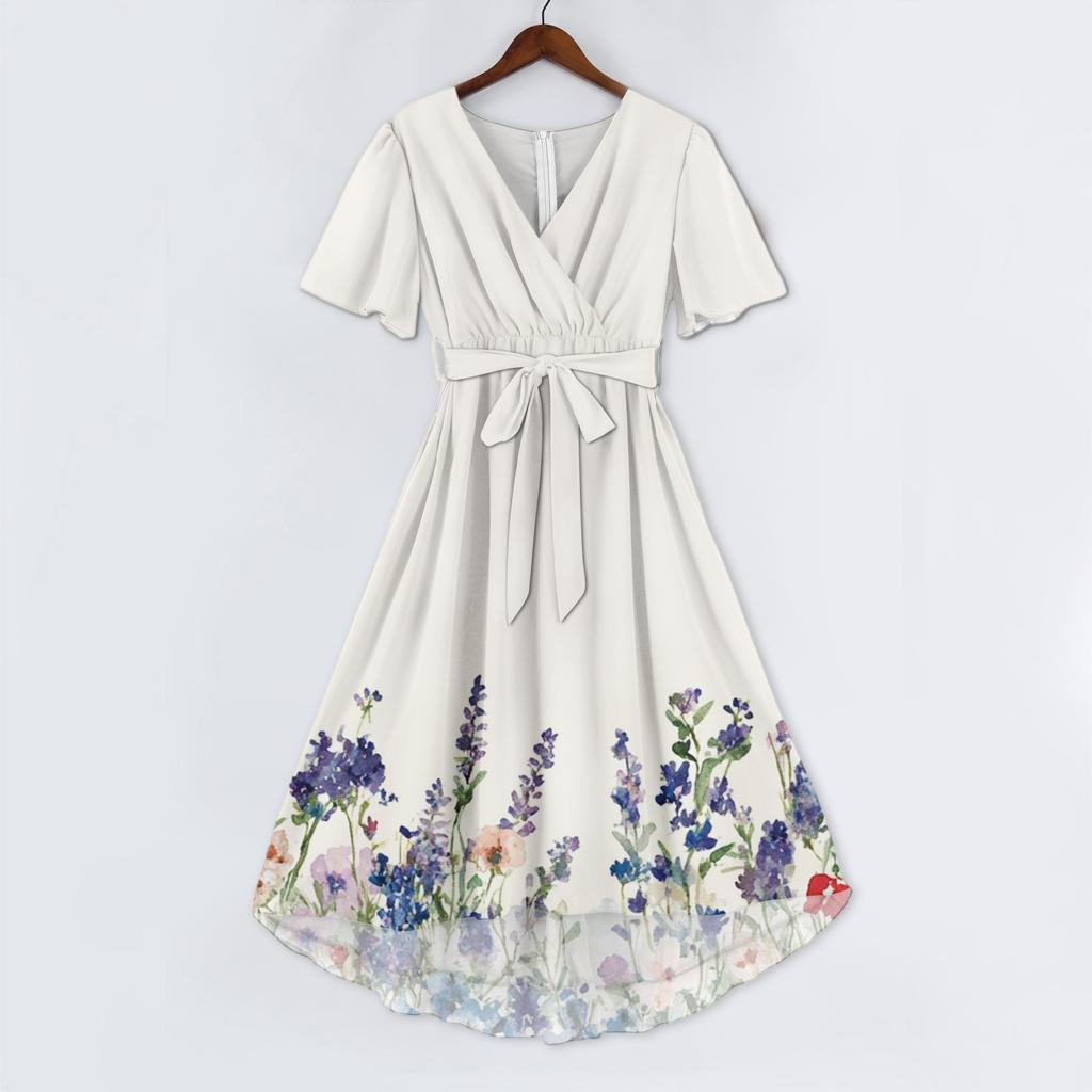 Robe Femme Mode Décontractée Col V Manches Courtes Volantée Imprimé Vintage