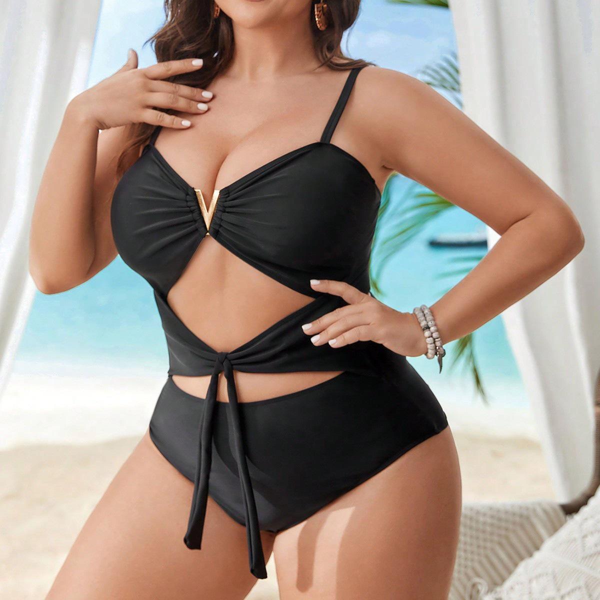 European & American Plus Size Black V-Neck Cut-Out One-Piece Swimsuit - Sexy Women s Swimwear 4XL