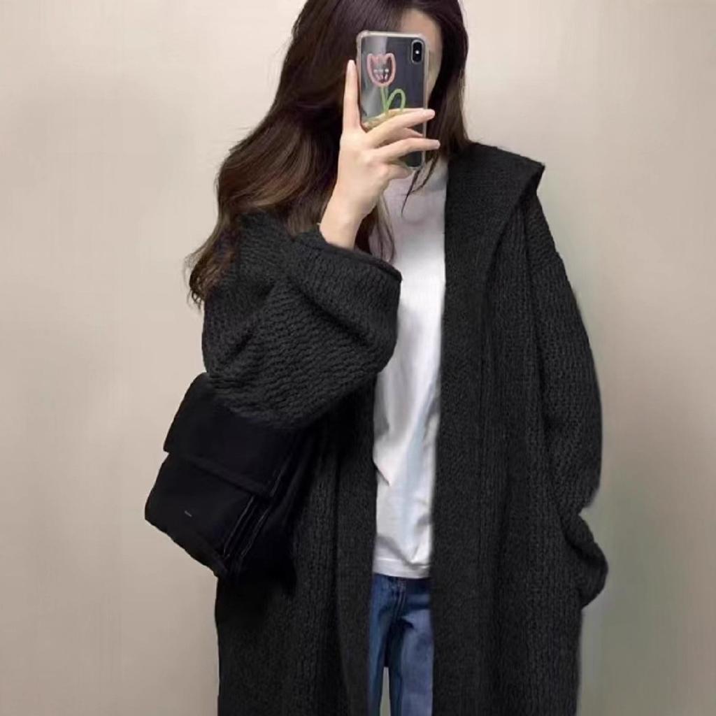 Korean Hooded Medium and Long Sweater Cardigan Women's Autumn and Winter Thickened Loose Outer Wear Lazy Style High-end Knitted Jacket