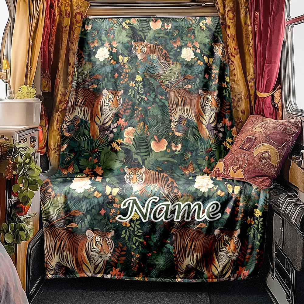 Tiger Jungle Floral Design Artwork Blanketcustomizable With Your Namecomfortable And Stylish Perfect For Travel Beds Chairs Offices Sofas