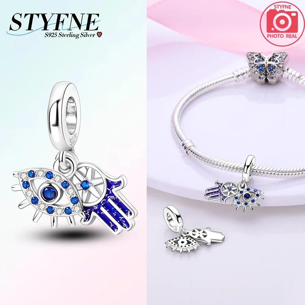 Original 925 Silver Blue Heart Demon Eye Pendant Fatima Hand Charm Bead Bracelet Women Jewelry Religion Gift