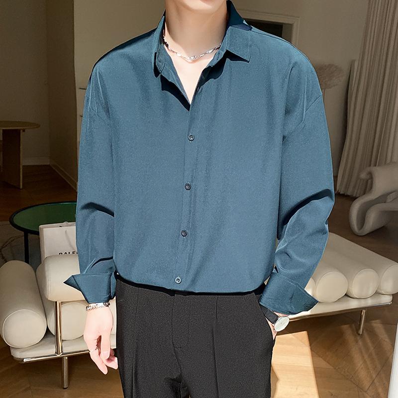 Autumn Men's Long Sleeve Shirts Fashion Korean Baggy No-iron Business Casual Elasticity Lapel Collar Shirt