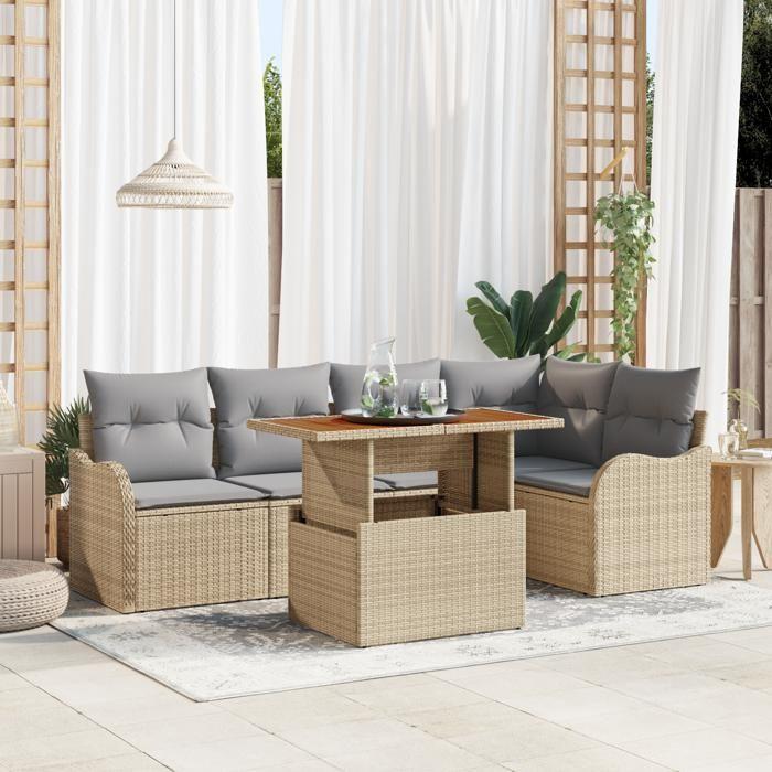 Ensemble de Canapés de Jardin 6 Pièces avec Coussins Beige Rattan Poly, Canapé de Jardin 2 Places avec Rangement &amp; Coussins 3358198