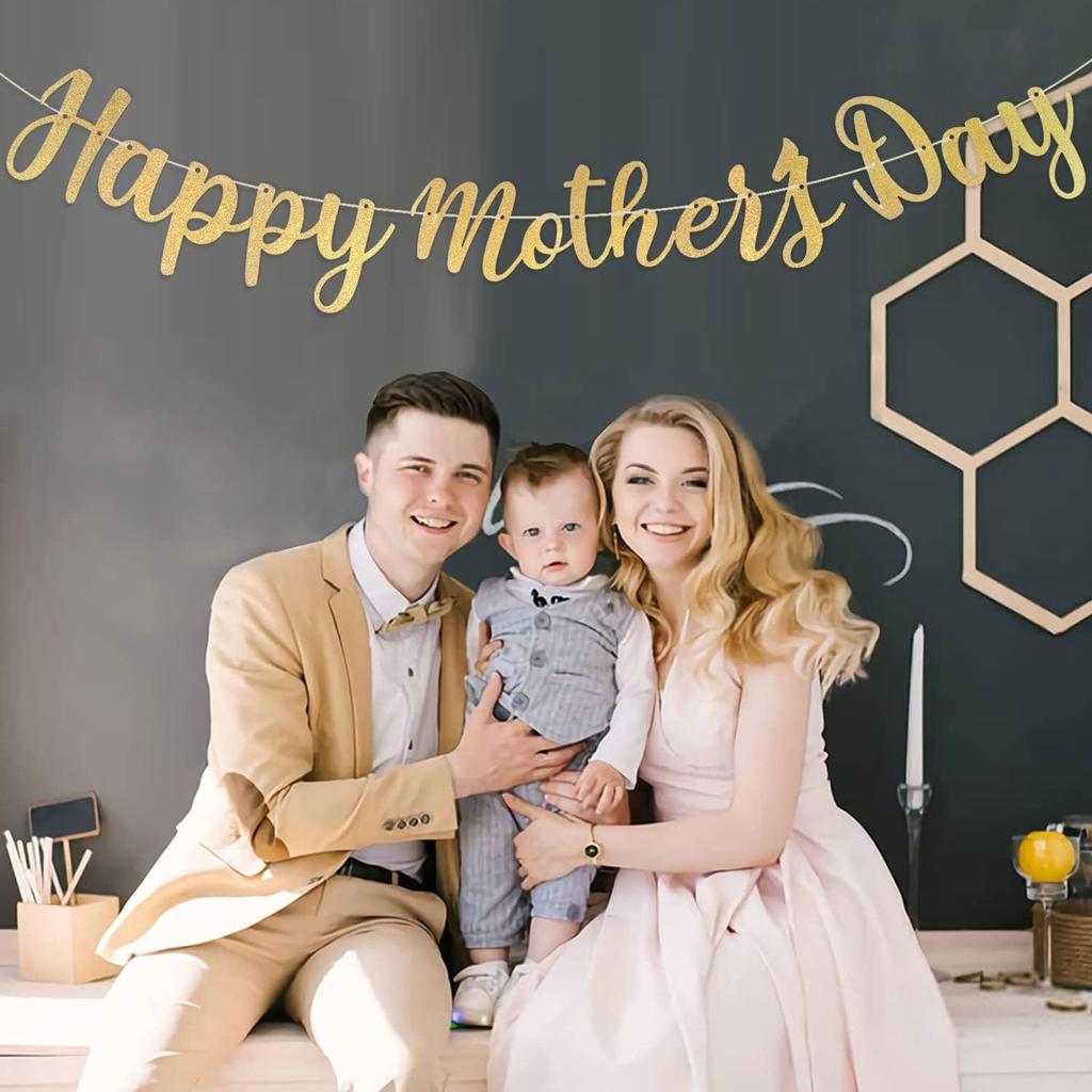 Happy Mother's Day Decorations Banner - NO DIY - Gold Glitter Mothers Day Party Supplies Decorations Backdrop Garland Love Decor for Mom Photo Props