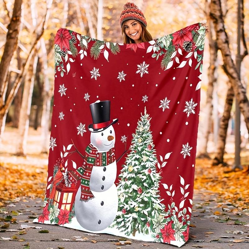 1pc Festive Snowman & Christmas Tree Print Blanket, Soft Polyester, Lightweight & Warm, All-Season Sofa Bed Camping Blanket, Red