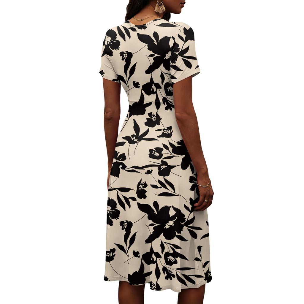 Ladies' Floral Casual Fashionable Short Sleeved V-neck Dress