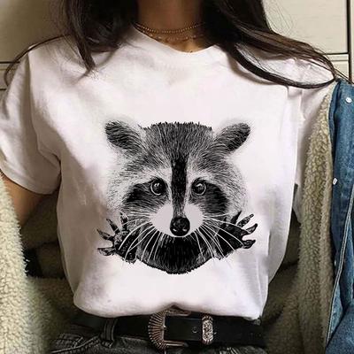 Moda casual de alta qualidade camiseta feminina verão solto confortável gola redonda manga curta desenho animado estampa de guaxinim camiseta branca