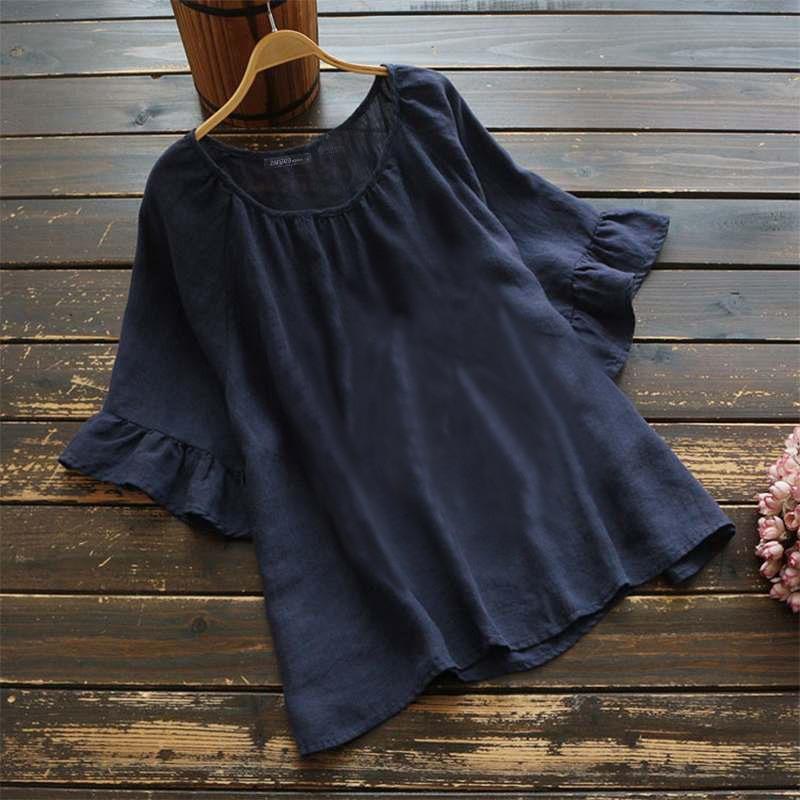 Women's Retro Solid Color Short-sleeved Ruffled Blouse Shirt Cotton and Linen Casual Shirt