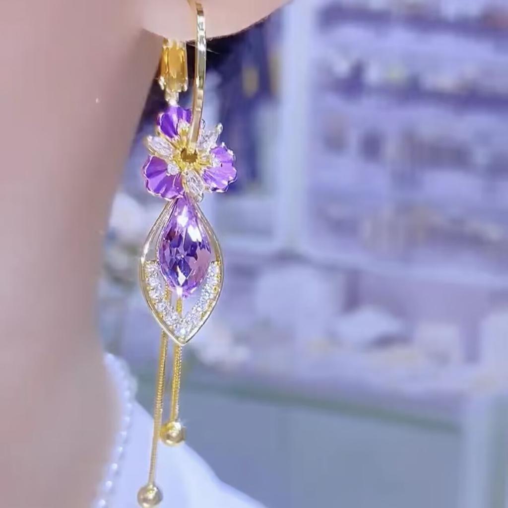 Fashionable and High-end Purple Zircon Flower Tassel Earrings for Women, Light Luxury and Versatile Earrings Fashion Trend