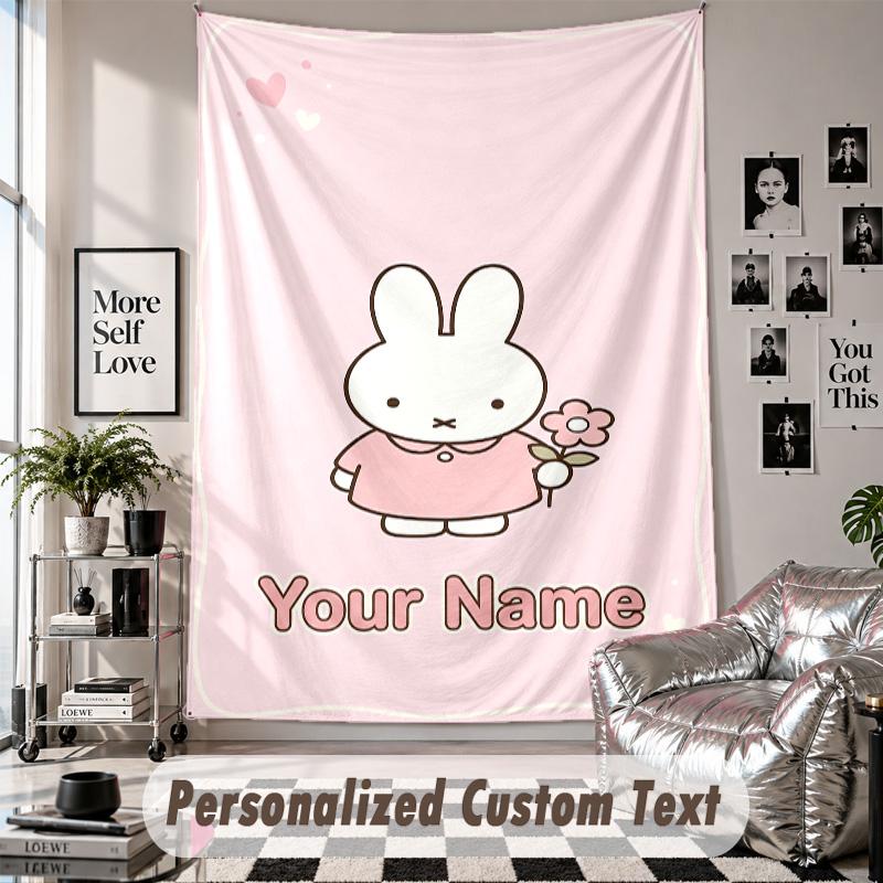 Wall Hanging Tapestry With Custom Name & Text, Miffy Decorative Tapestry For Bedroom