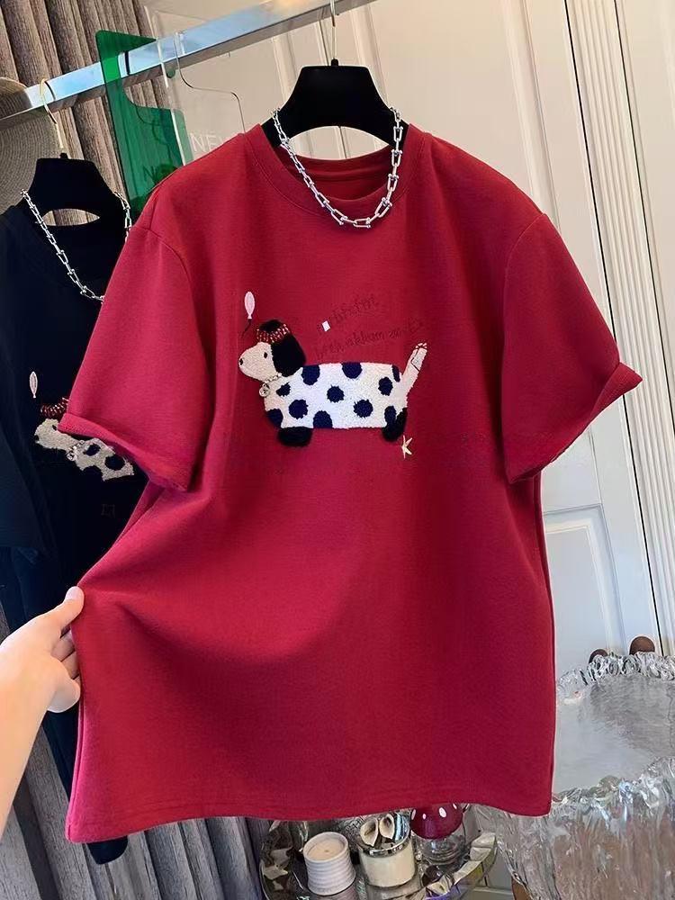 European Plus Size Embroidered Dog Thick Short Sleeve Women's T-shirt for Spring/Autumn