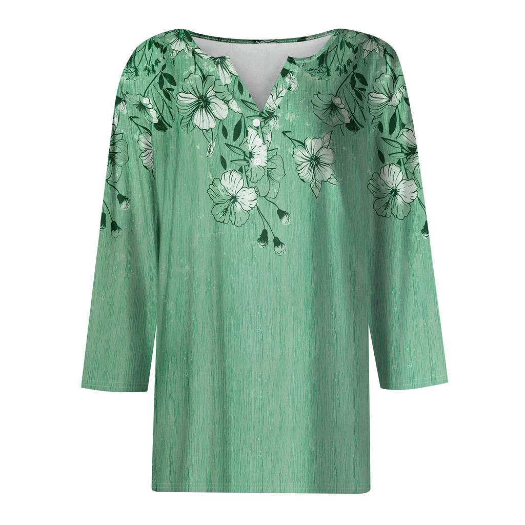 Women's Fashion Casual Seven Split Sleeve Burst Vintage Floral Print Pullover Top