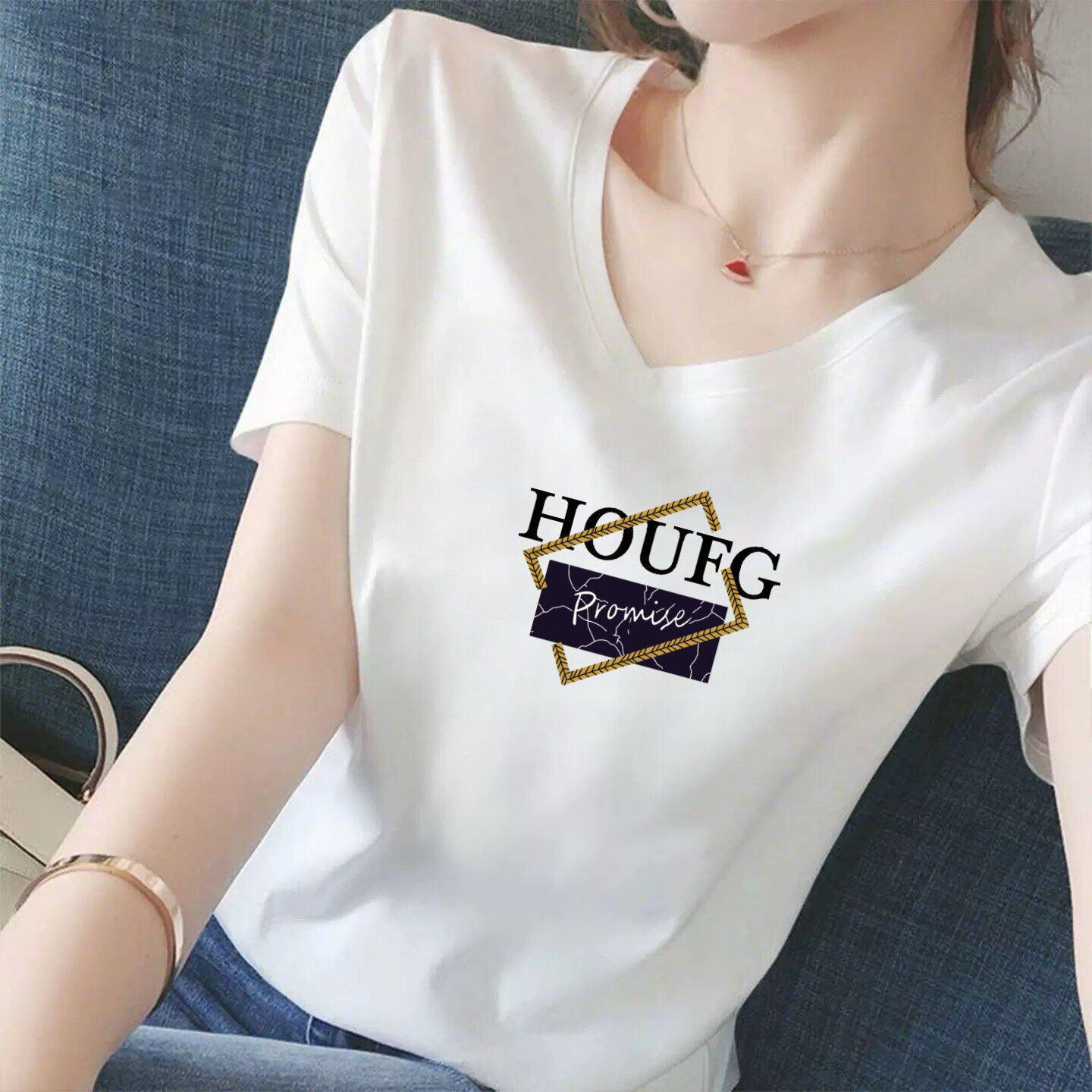 Women s 2026 White V-Neck Short-Sleeve T-Shirt with Letter Print – Versatile, Youthful Style L