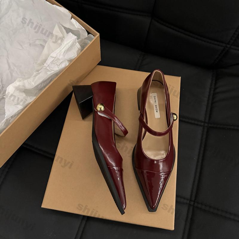 Women Retro Chunky Mary Jane Shoes Patent Leather Dress High Heels Square Head Square Heel Solid Color Women Autumn Single Shoes