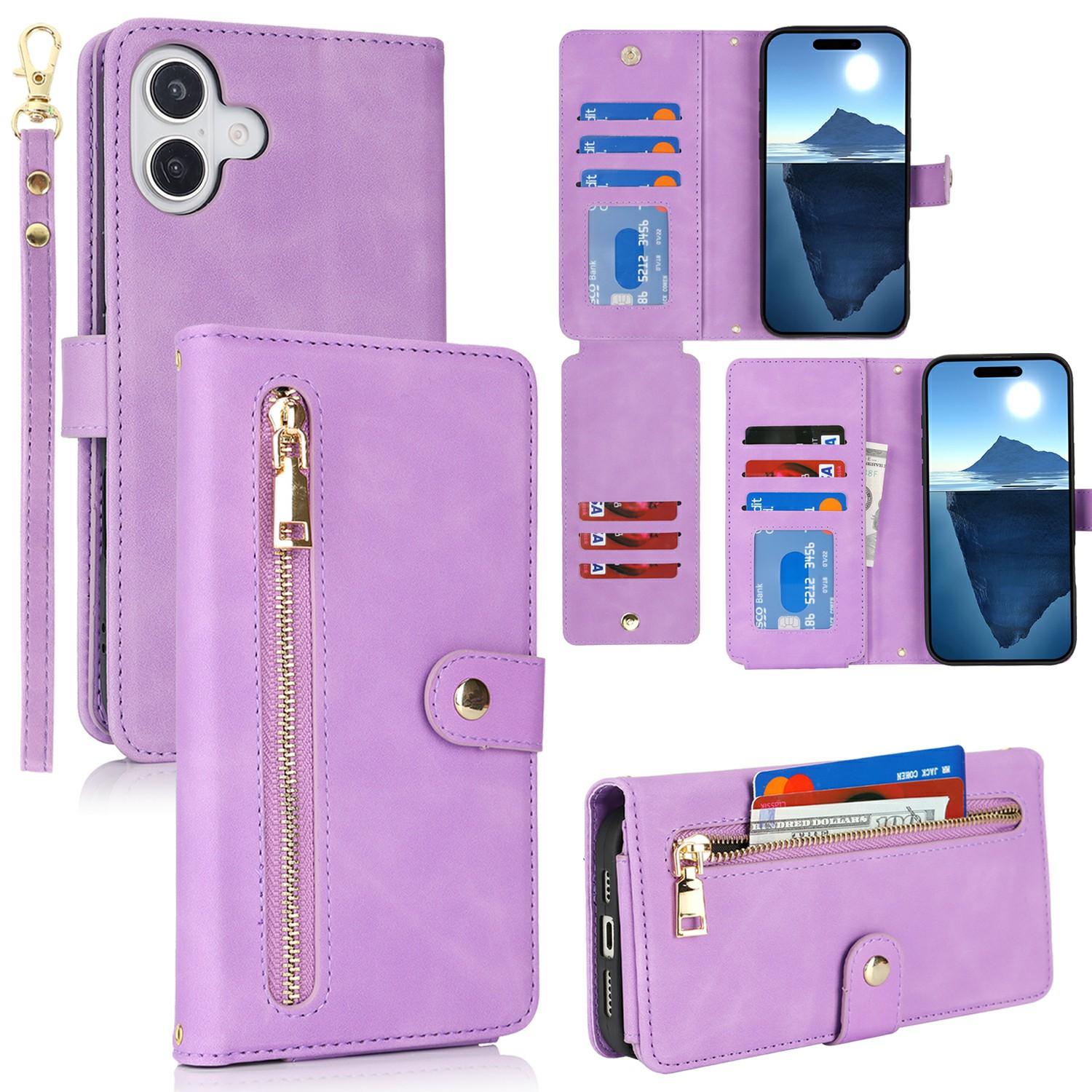 

For iPhone 16 Stand Case PU Leather Phone Cover with Straps/Zipper Wallet/Multiple Card Slots Light Purple