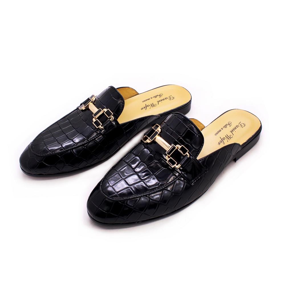 Fashion Men's Leather Half Shoes, Black Pointed Toe Flat Crocodile Pattern Metal Buckle, Comfortable Casual Men's Shoes Daily Home Shoes
