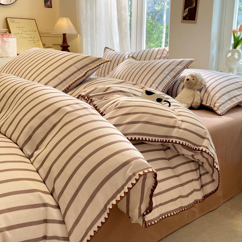 LiLang Striped Flannel Cotton 4-Piece Bedding Set