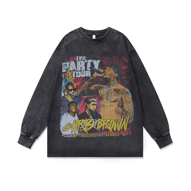 Washed Retro Washed Crew Neck Sweatshirt Autumn And Winter New American Hip-Hop Bottom Long-Sleeved T-Shirt For Men And Women