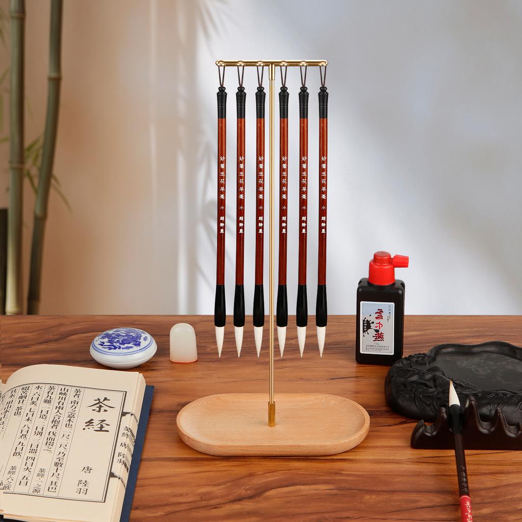 Chinese Zodiac Brush Pen Holder with Beechwood Base Calligraphy Rest Ink Hanger 12 Hooks Writing Brush Holder School Stationery