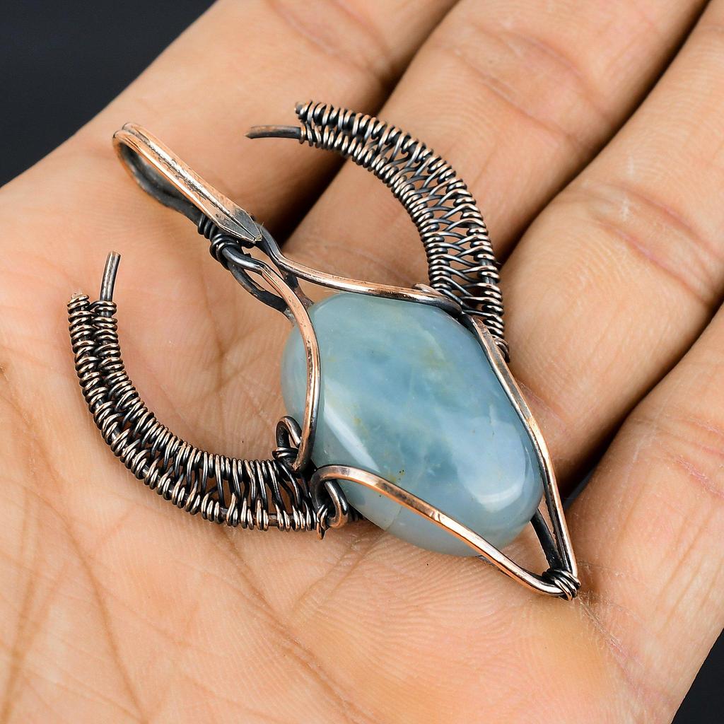 Aquamarine 999 Copper Wire Wrapped Pendant, Handmade Gemstone Pendant Jewelry, Gifts For Wife Brand New Pendant