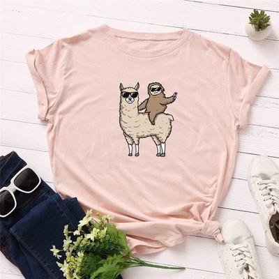 Komik Tembel Hayvan Alpaka Baskılı Kadın Tişört Kısa Kollu O Yaka Bol Kadın Tişört Bayan Moda Tişört Üstler Giysiler Mujer