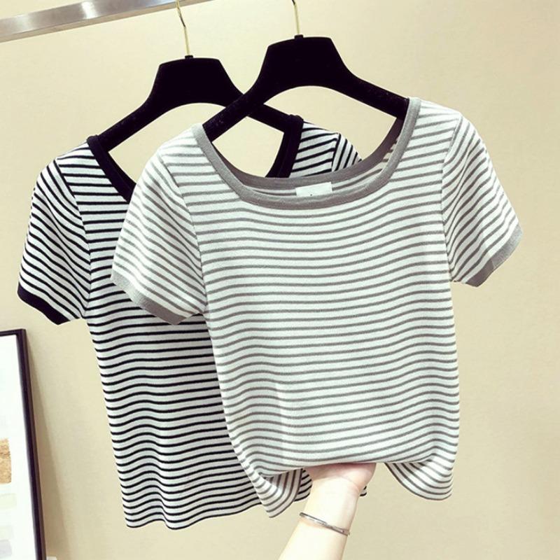 

Женская летняя рубашка в полоску с квадратным воротником и короткими рукавами в корейском стиле, облегающая футболка, топы для ранней весны, тренд Ins One size